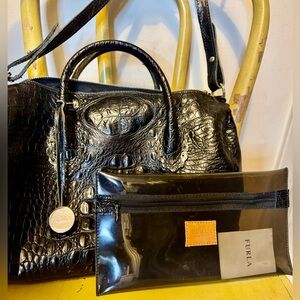 Furla Black Croc-Embossed Satchel and Pouch 75% off Retail